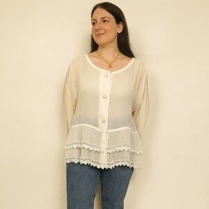 Vintage Harari Semi-Sheer Top Womens‎ One Size Pale Cream 100% Silk Lace Trim